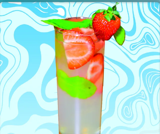 A Shift in Perspection: a tall clear cocktail with strawberry slices and mint against the glass