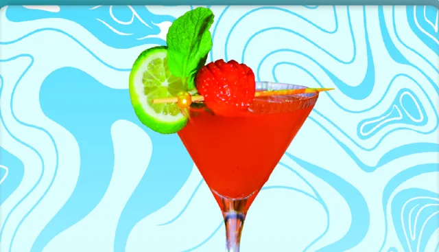 Sweet Perspection Punch: a red punch in a martini glass with strawberry, lime wheel, and mint