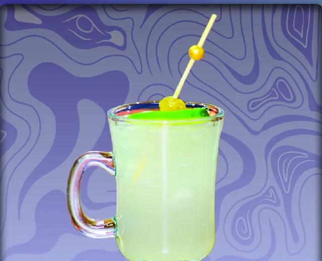 The Illusionist's Apple: a pale mule in a glass mug with a lime wheel and candied ginger on a pick