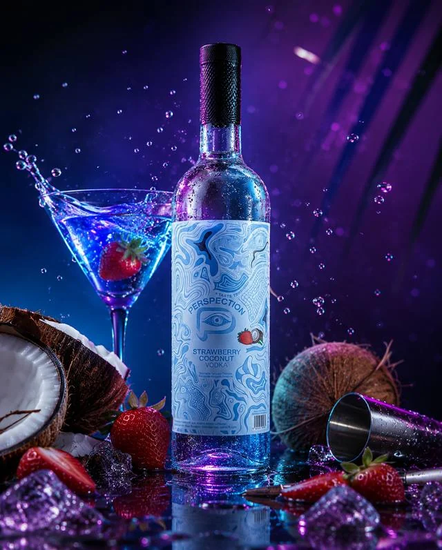 The Strawberry Coconut Vodka bottle and its hand-drawn label
